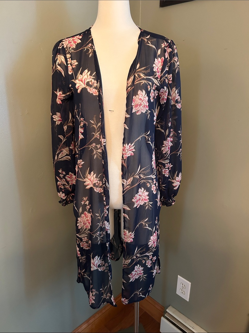 Boho Sheer Navy Floral Kimono with Pink Blooms